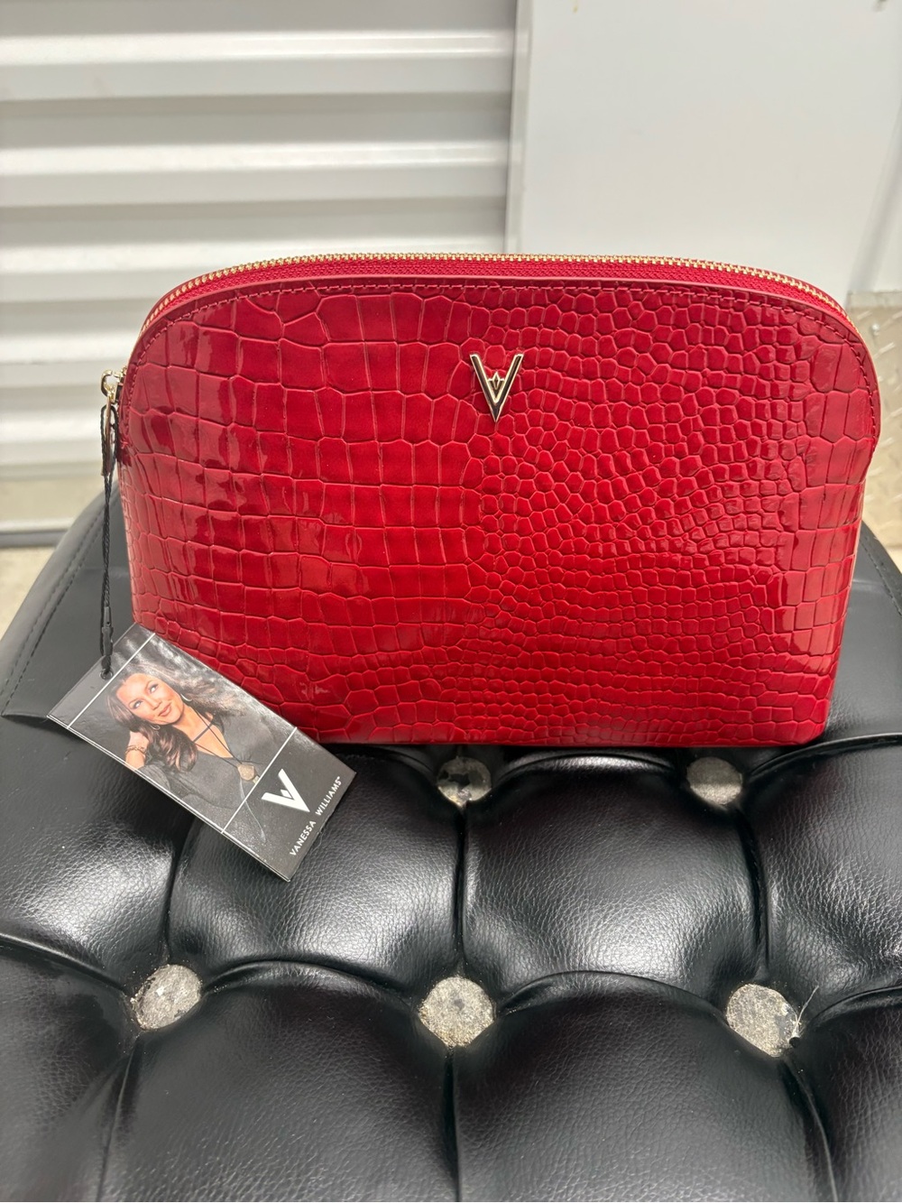 Vanessa Williams Red Croc Embossed V Logo Zip Makeup Cosmetic Bag